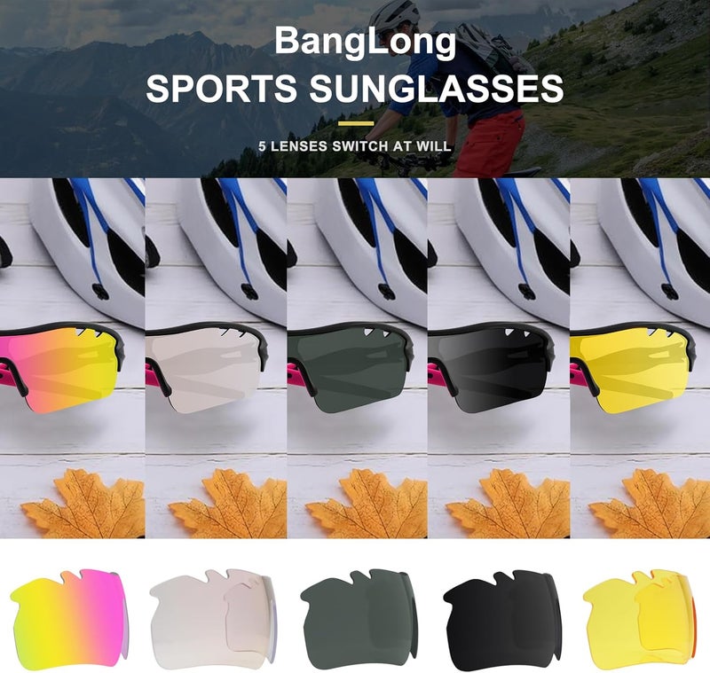 BangLong Polarized Sports Sunglasses Cycling Sun Glasses for Men Women with 5 Interchangeable Lenes for Running Baseball Golf - Image 2